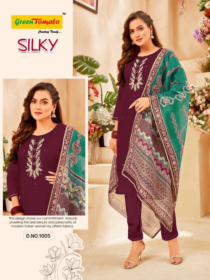 Green Tomato Silky Ethnic Wear Wholesale Readymade Suits Collection
